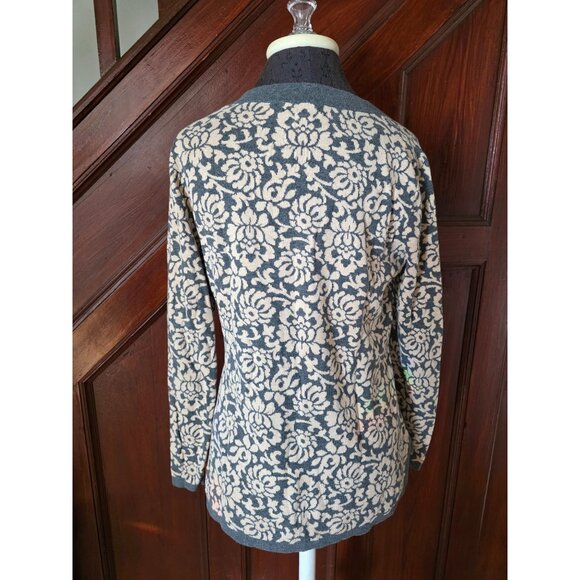 Lands End Womens Medium Black Brown V-Neck Floral Sweater Top - Picture 2 of 7